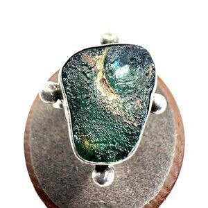 VTG Sterling Silver 925 Raw Malachite Druzy Chunky Statement Ring Adjustable